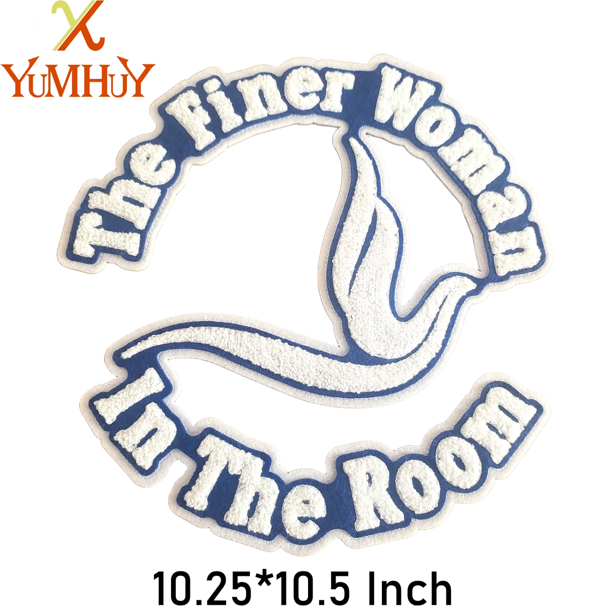 An iron-on embroidered sorority patch featuring the text The finer woman in the room.