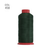 A spool of dark green heavy duty nylon sewing thread with a red cap.