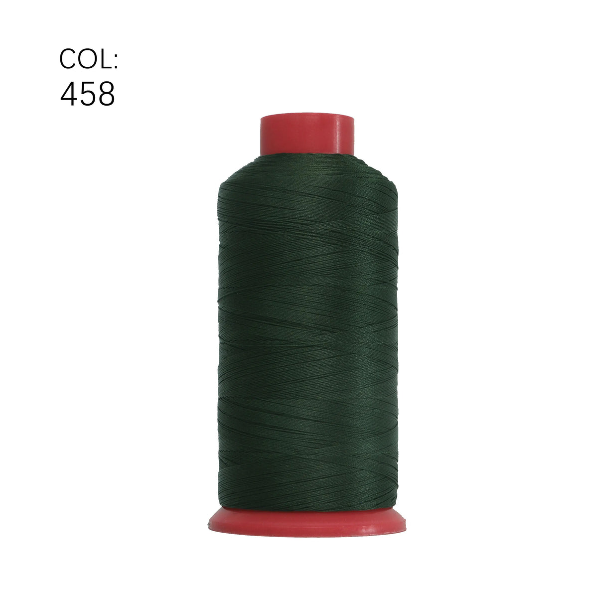 A spool of dark green heavy duty nylon sewing thread with a red cap.