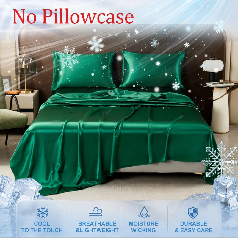 A vibrant emerald green ice silk bed sheet draped over a bed, highlighting its cool to the touch and durable features.