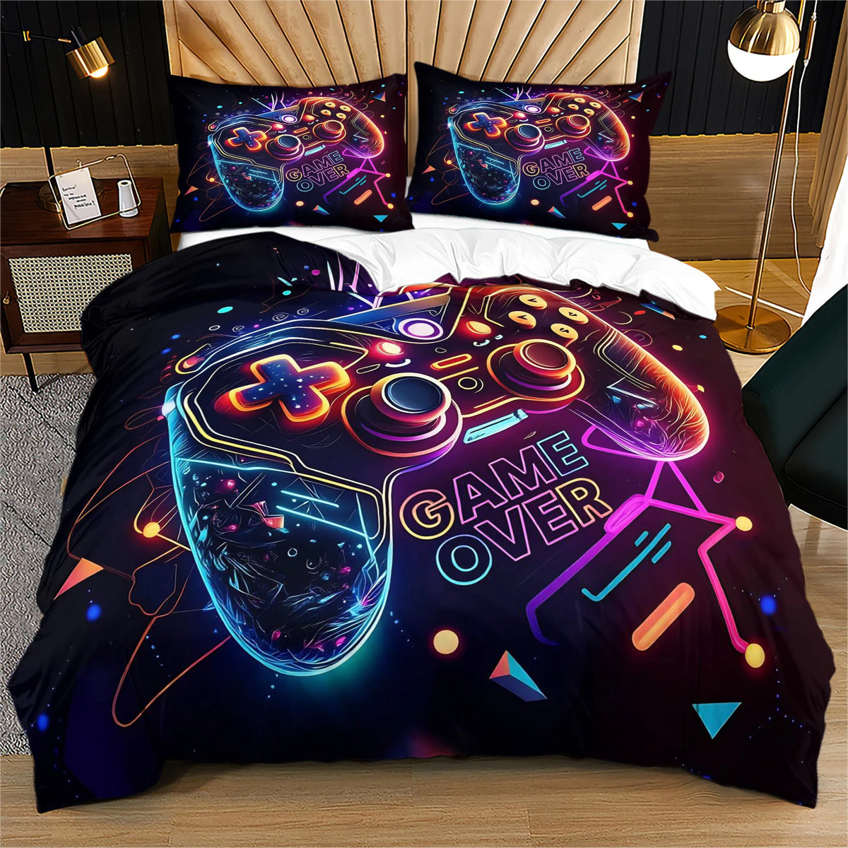 A dark duvet cover featuring a neon hexagon controller design with glowing purple and blue accents.