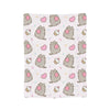 A pink and gray patterned throw blanket featuring cute cat plush designs and hearts.