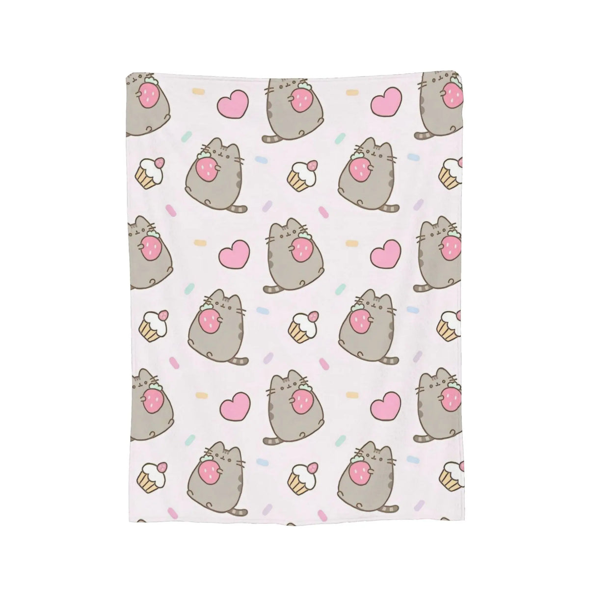 A pink and gray patterned throw blanket featuring cute cat plush designs and hearts.