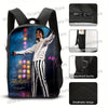 A black backpack featuring a graphic of a man in a white shirt and black and white striped pants.