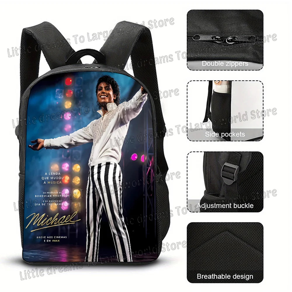 A black backpack featuring a graphic of a man in a white shirt and black and white striped pants.