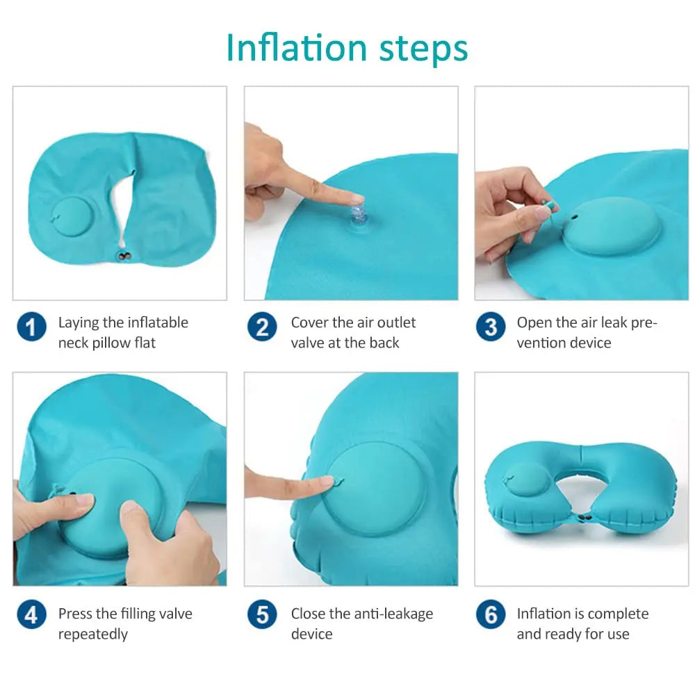 Six steps showing how to inflate a teal inflatable neck pillow using a leak prevention device.