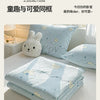 Light blue quilted blanket with white cloud and bear patterns displayed on a bed.