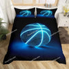 Dark blue duvet cover set featuring glowing blue basketball designs on a dark background