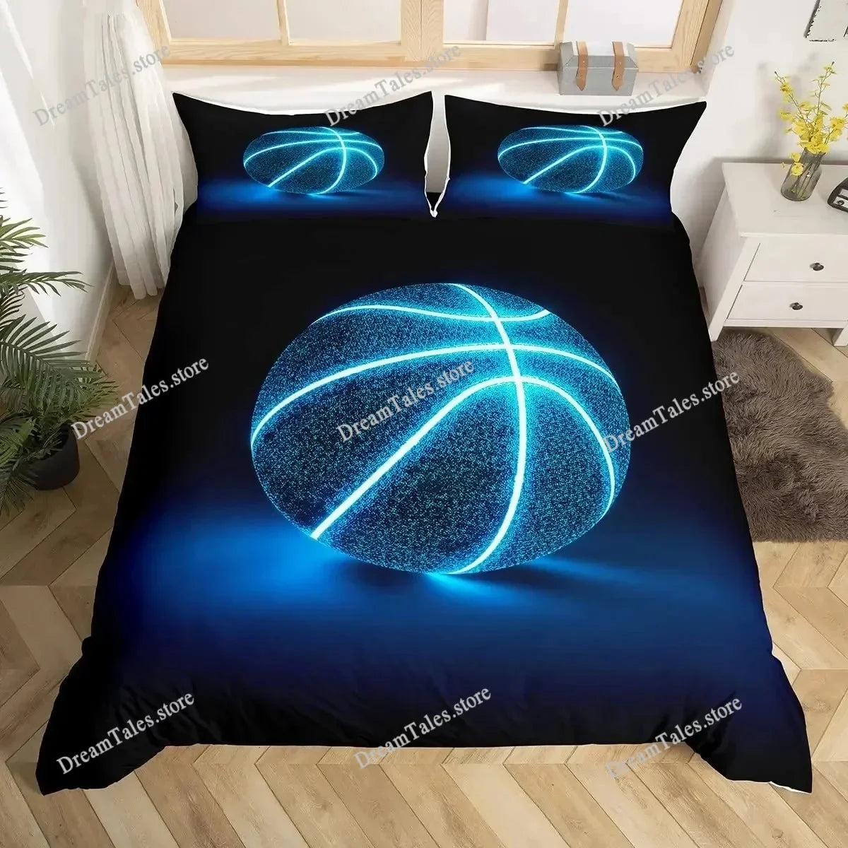 Dark blue duvet cover set featuring glowing blue basketball designs on a dark background