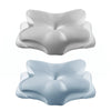 A light blue satin zippered cervical pillow cover shown from above.