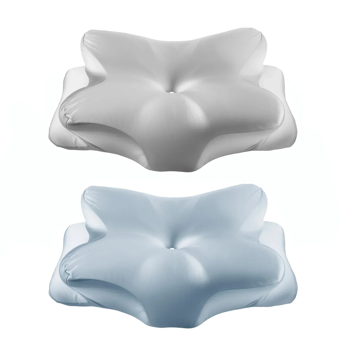 A light blue satin zippered cervical pillow cover shown from above.
