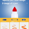 A white pen with a red tapered tip is shown next to examples of lines drawn with it.