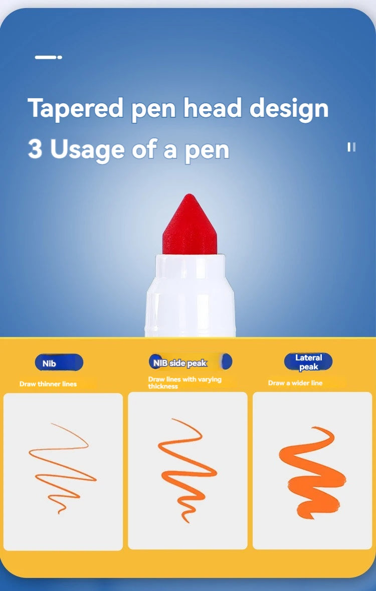 A white pen with a red tapered tip is shown next to examples of lines drawn with it.