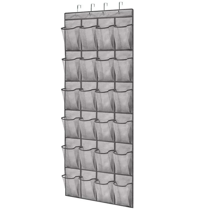 A vertical gray over-the-door shoe organizer with multiple hanging pockets.