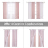 Four creative combinations of sheer and blackout window drapes in pink and white.