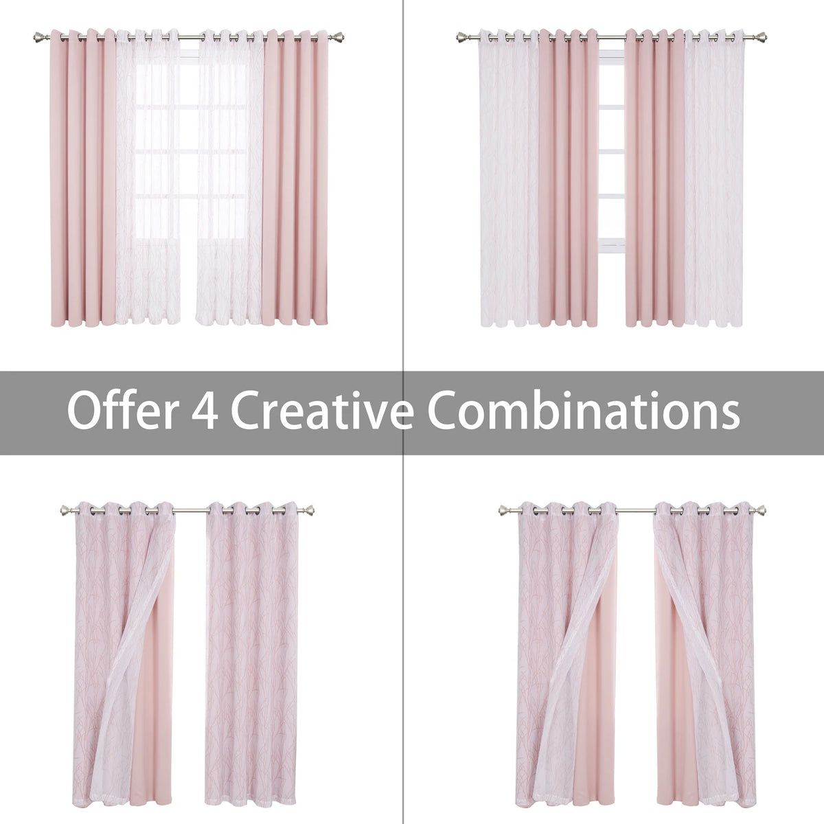 Four creative combinations of sheer and blackout window drapes in pink and white.