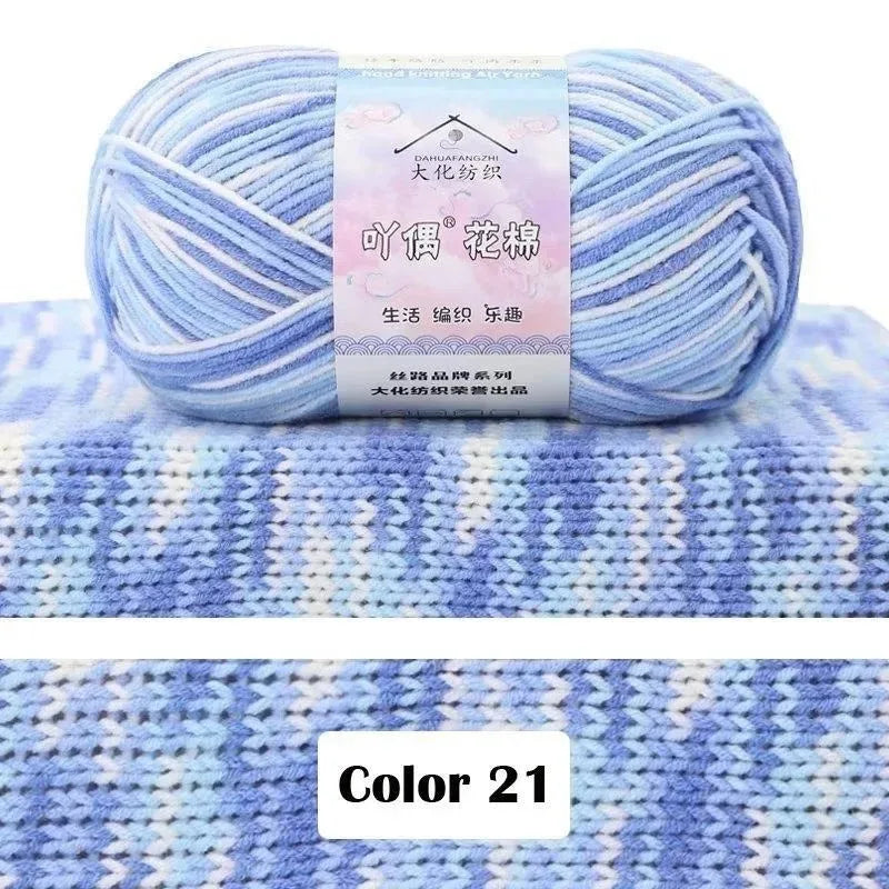 A ball of light blue yarn labeled as Dahuafangzhi silk yarn for gradient projects