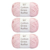 Three skeins of pink cotton grass roving yarn labeled Cotton Grass Rofite