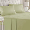 A set of light green luxury microfiber bed sheets with decorative pleats and deep pockets on a bed.