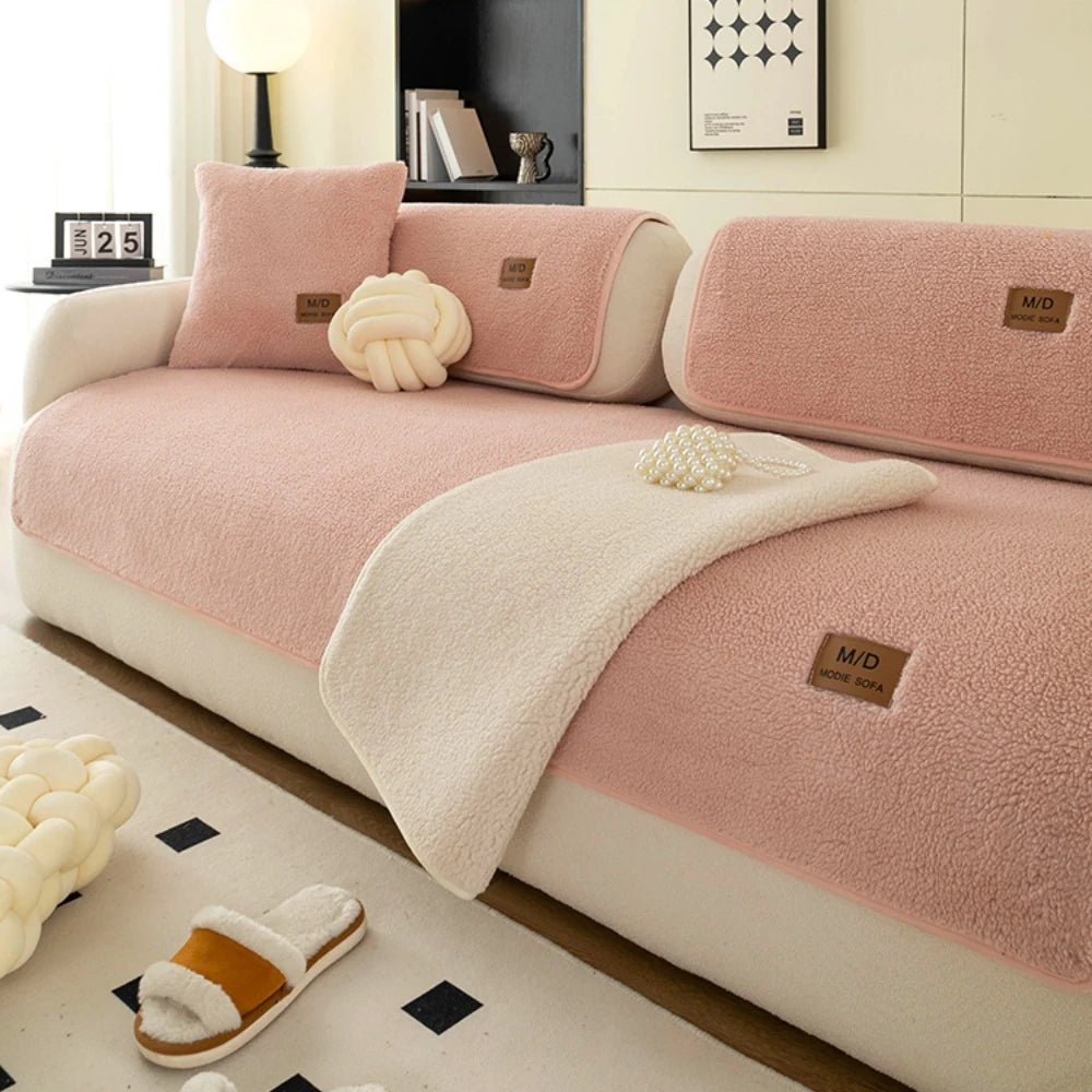 A pink sherpa anti-slip sofa cover with matching pillows and a throw blanket displayed on a light-colored sofa.