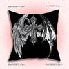 Black throw pillow cover featuring a white gothic winged sigil design.