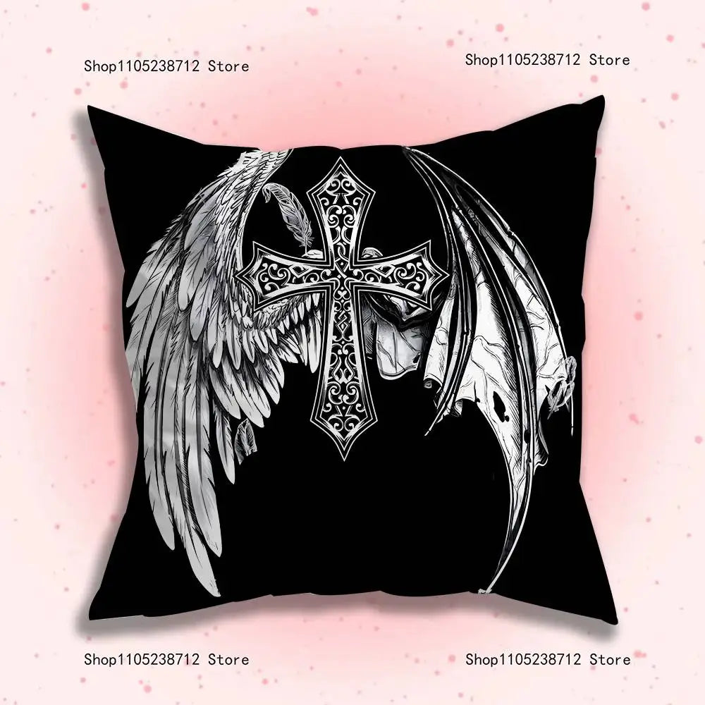 Black throw pillow cover featuring a white gothic winged sigil design.