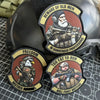 A set of three tactical military patches featuring illustrations of old men, freedom, and a fighter.