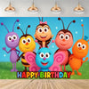 A colorful cartoon illustration of cute alien characters celebrating a happy birthday with text.