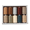 A box containing ten spools of polyester sewing thread in various shades including brown, gray, and teal.