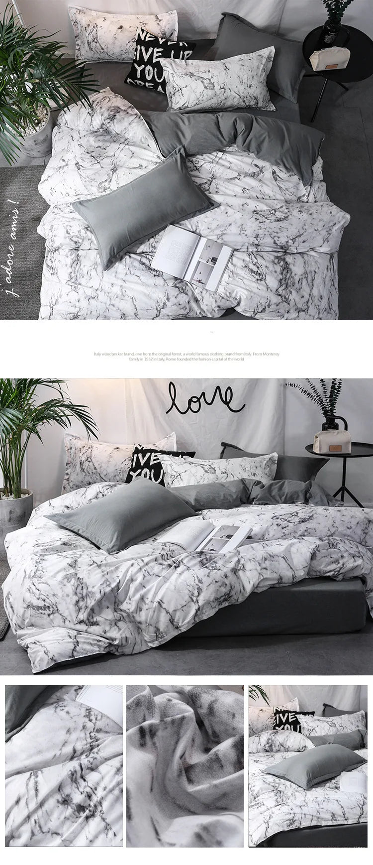 A set of three duvet covers and pillow cases in black and white marble print on a bed.