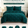 Dark green 7-piece bedding set featuring a duvet cover, flat sheet, fitted sheet, and pillowcases displayed on a bed.