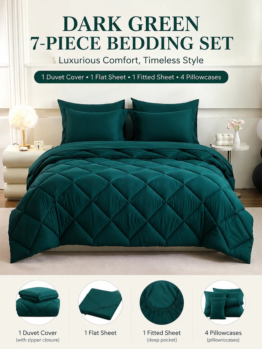 Dark green 7-piece bedding set featuring a duvet cover, flat sheet, fitted sheet, and pillowcases displayed on a bed.