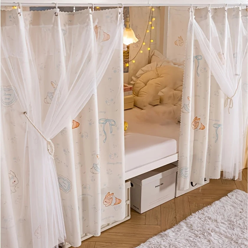 A white double-layer mesh bed canopy with lace trim hanging in a room.