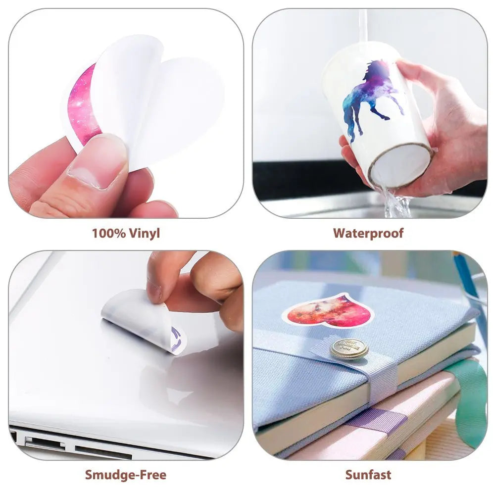 A set of white vinyl stickers being applied to a glass, demonstrating waterproof and smudge-free features.