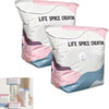 Pink and white space-saving vacuum storage bags shown in various sizes.