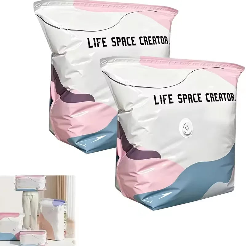 Pink and white space-saving vacuum storage bags shown in various sizes.