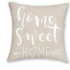 A beige decorative pillow cover with white script text that reads Home Sweet Home.