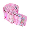 Pink floral cotton fabric rolled into a coil for quilting and crafting