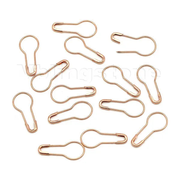 A pack of 100 gourd-shaped locking safety pins in rose gold color for knitting and sewing.