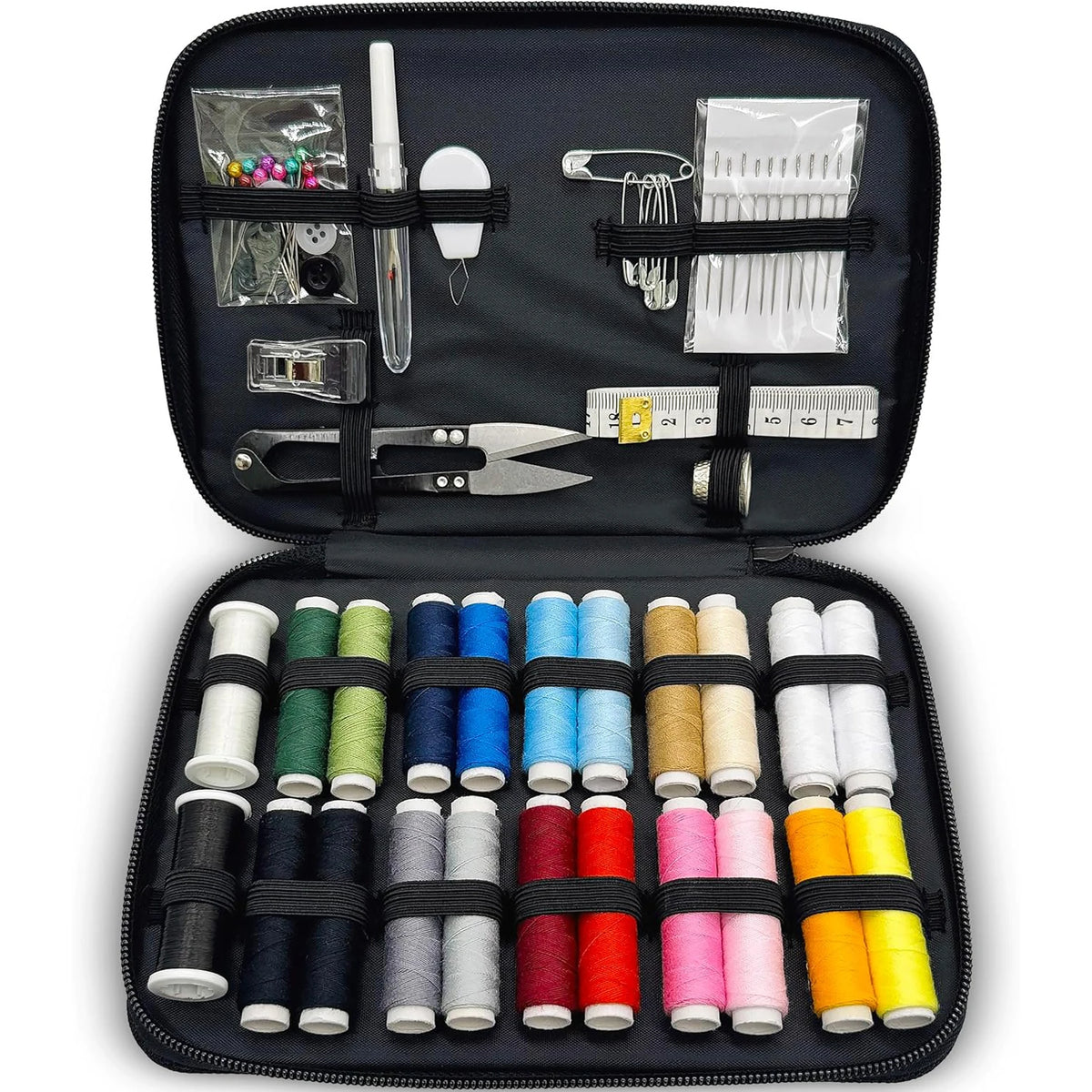 A black sewing kit box showing various tools including scissors needles and thread spools.