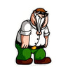 A cartoon character with a white shirt, green pants, and sunglasses is shown.