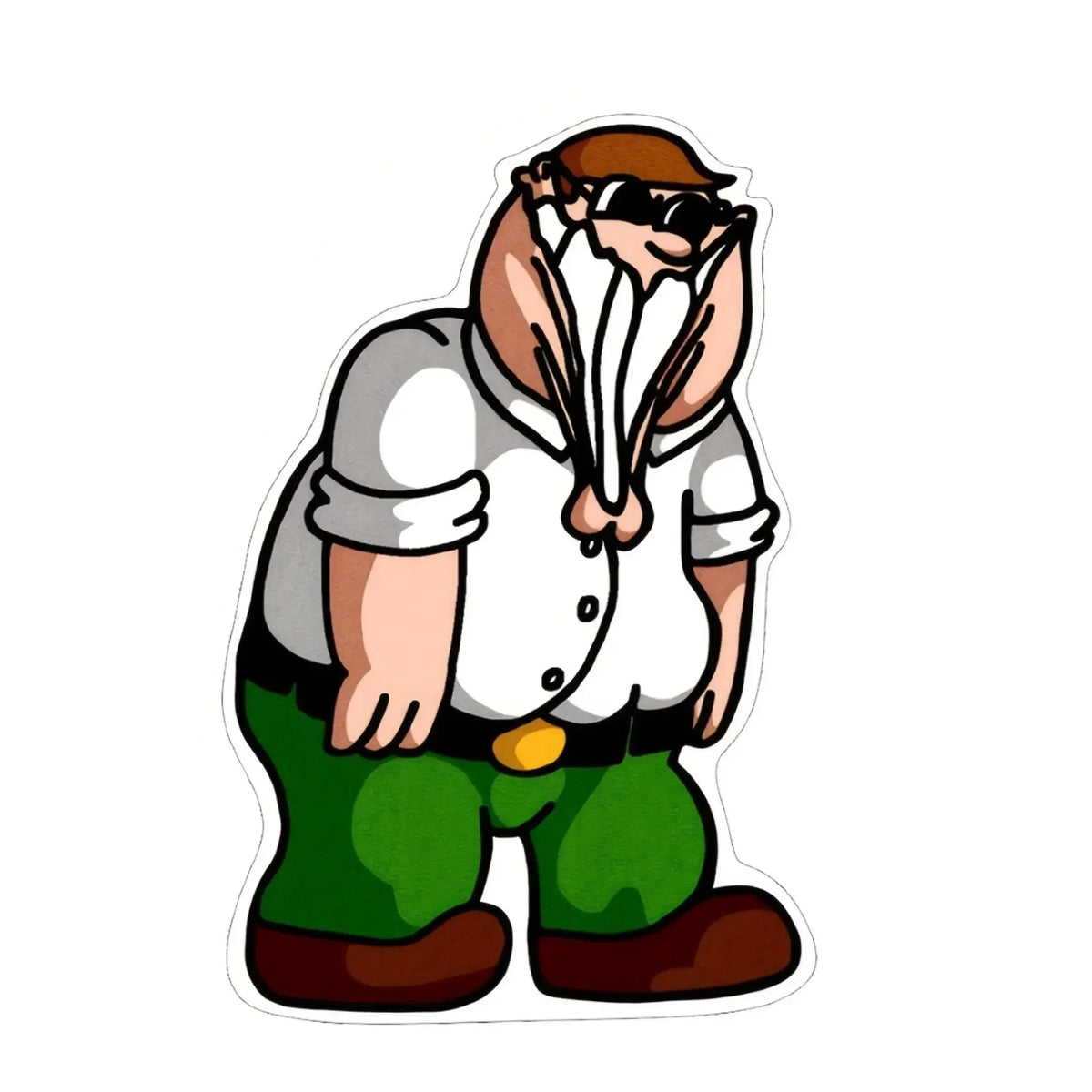A cartoon character with a white shirt, green pants, and sunglasses is shown.