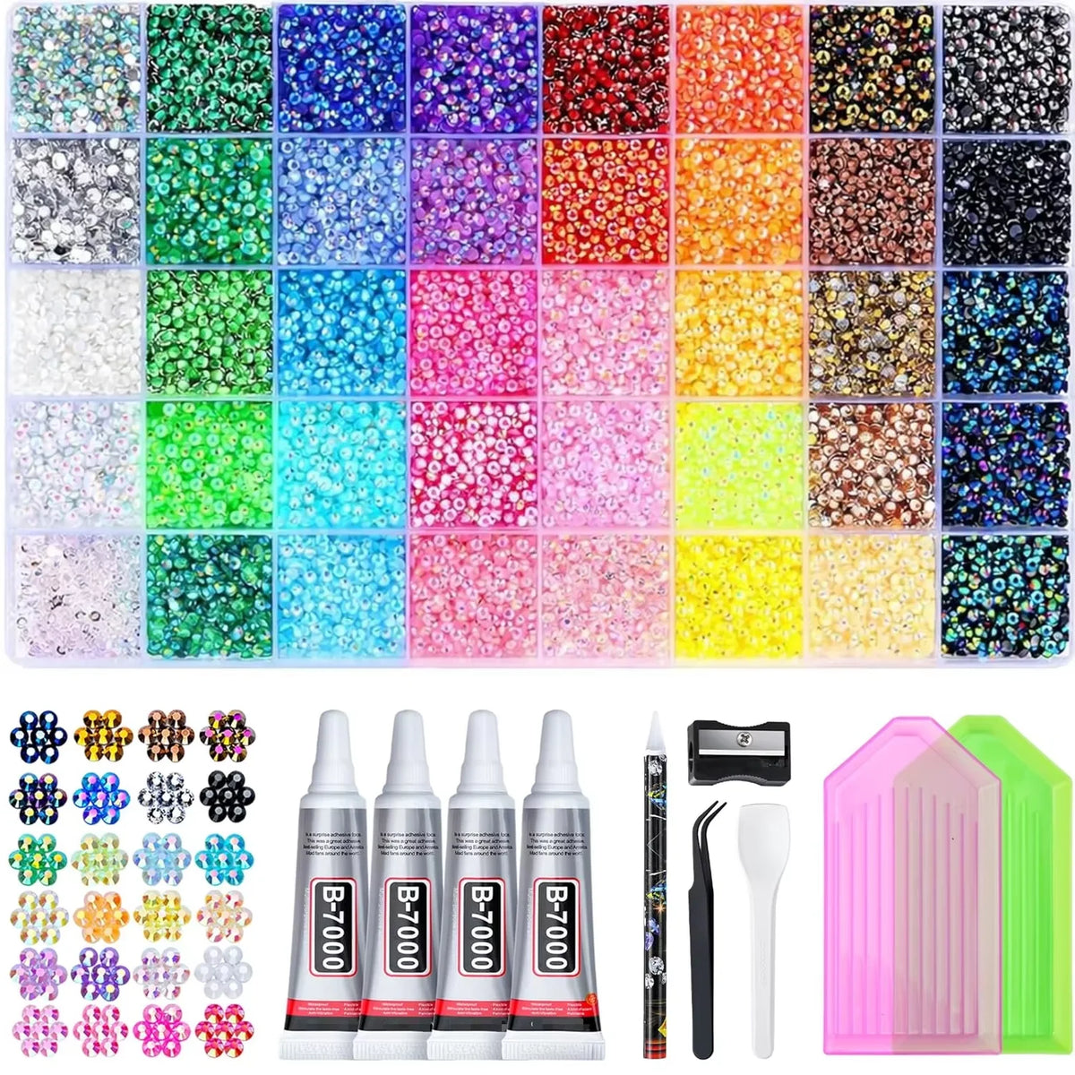 A collection of DIY resin rhinestone kits in various colors and sizes for crafting and decoration.