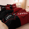A dark red and black bedding set featuring a heart crown rose pattern with Mr & Mrs text.