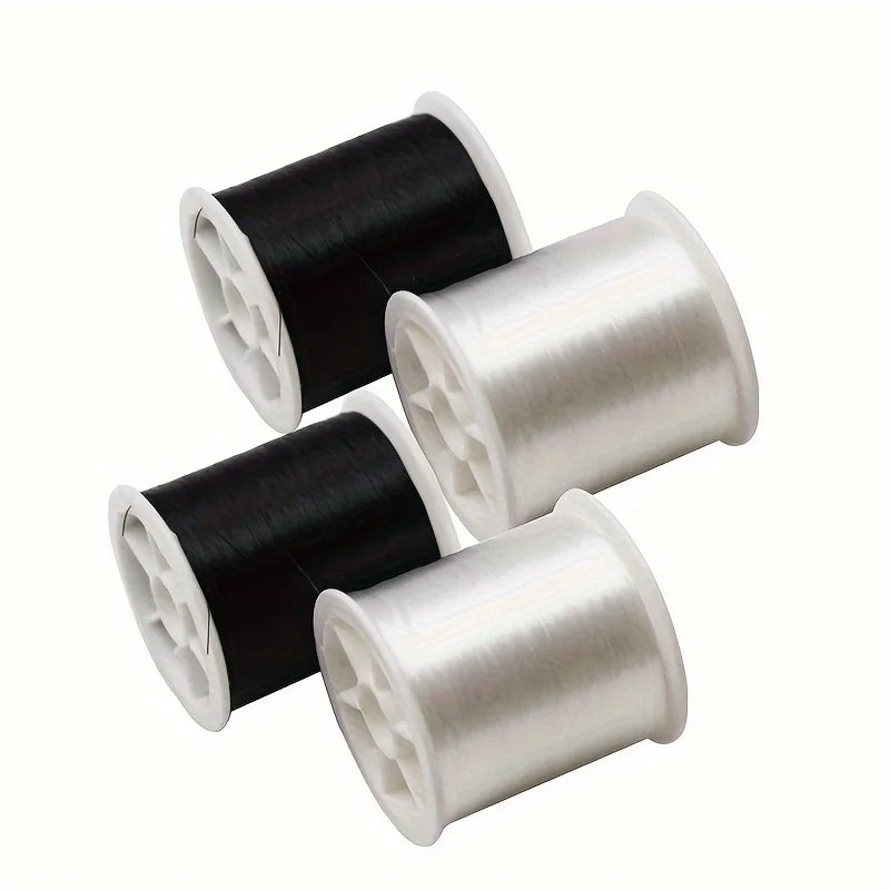 Two spools of invisible nylon sewing thread, one black and one silver, shown from above.