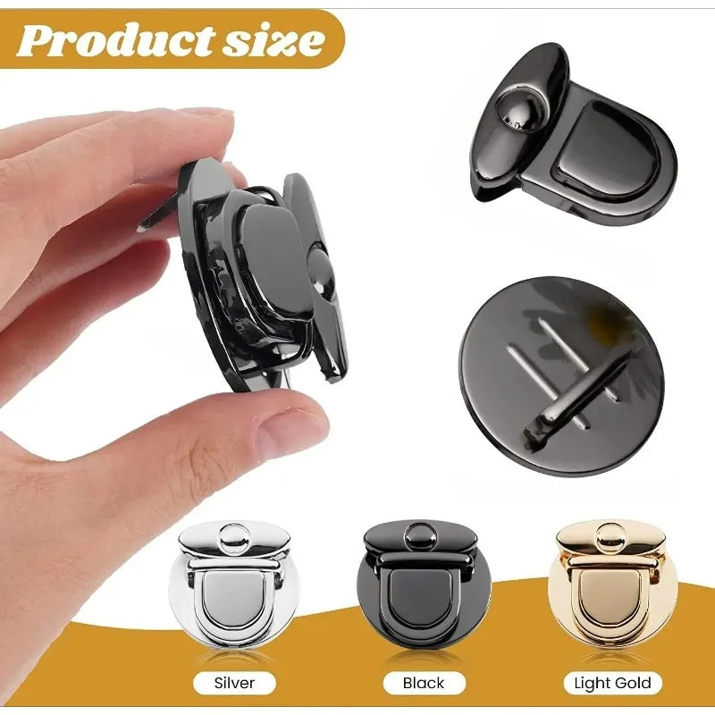 Various gold and black metal twist locks shown in hand and isolated views for bags and cases