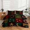 Gothic sun and moon patchwork bedding set featuring a dark red, green, and gold patterned duvet cover and pillowcases.