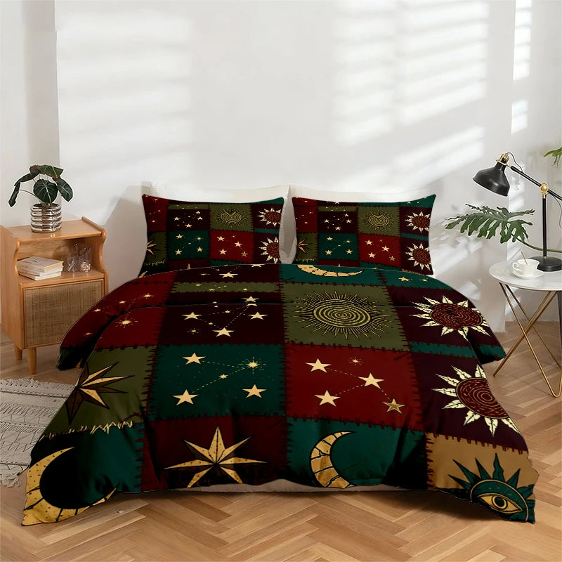 Gothic sun and moon patchwork bedding set featuring a dark red, green, and gold patterned duvet cover and pillowcases.