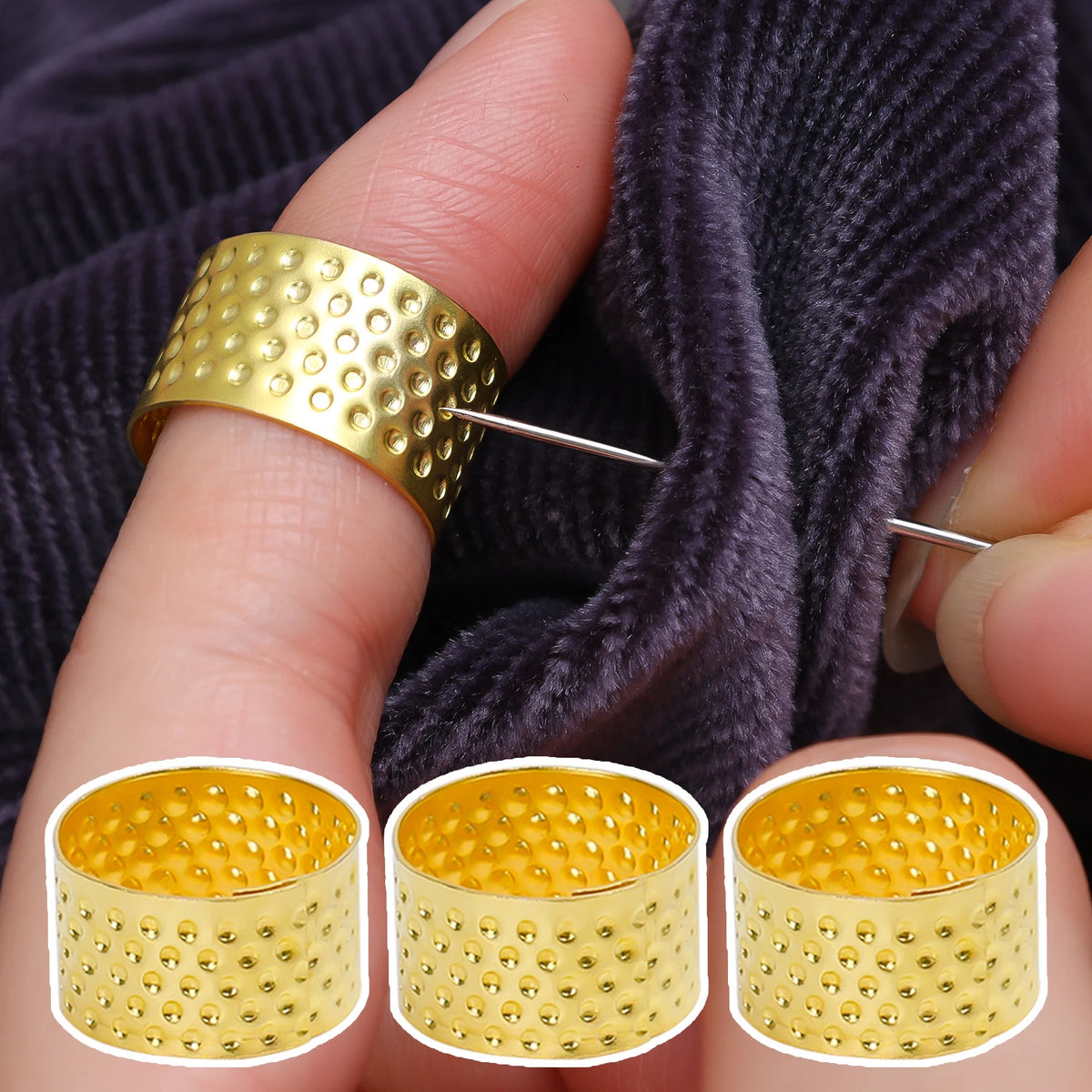 A hand is holding a gold-colored stainless steel embroidery and knitting needle ring on a finger against a dark gray knitted 