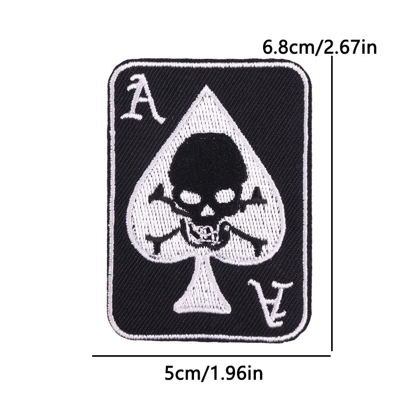 A black iron-on embroidery patch featuring a stylized spade symbol and the letter A.